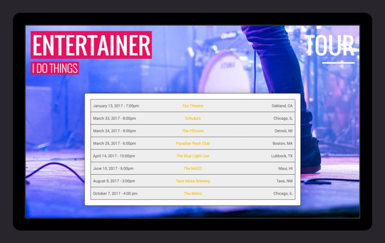 Display upcoming tour dates and venues.